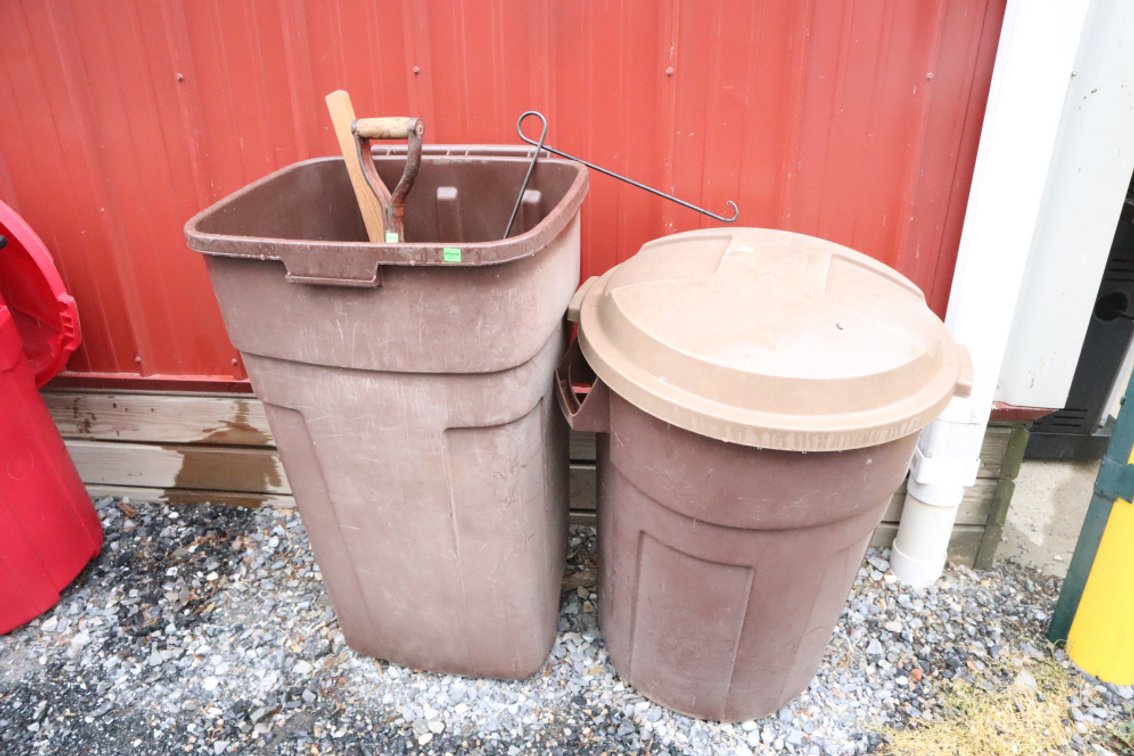 Pair of Trash Cans and Spade Shovel