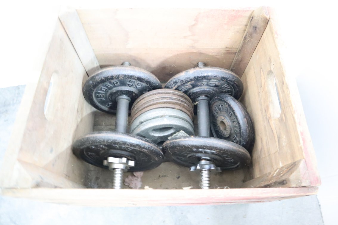 Wooden Crate With Dumbbell Weights, 80 Lbs Total