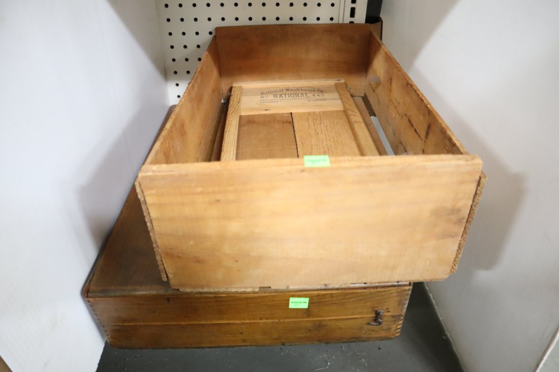 Antique Wooden Crate, Small Washboard, Flower Seeds Case