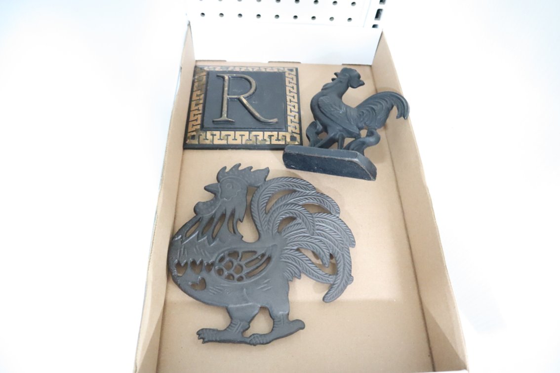 Cast Iron Rooster Door Stop and Trivets