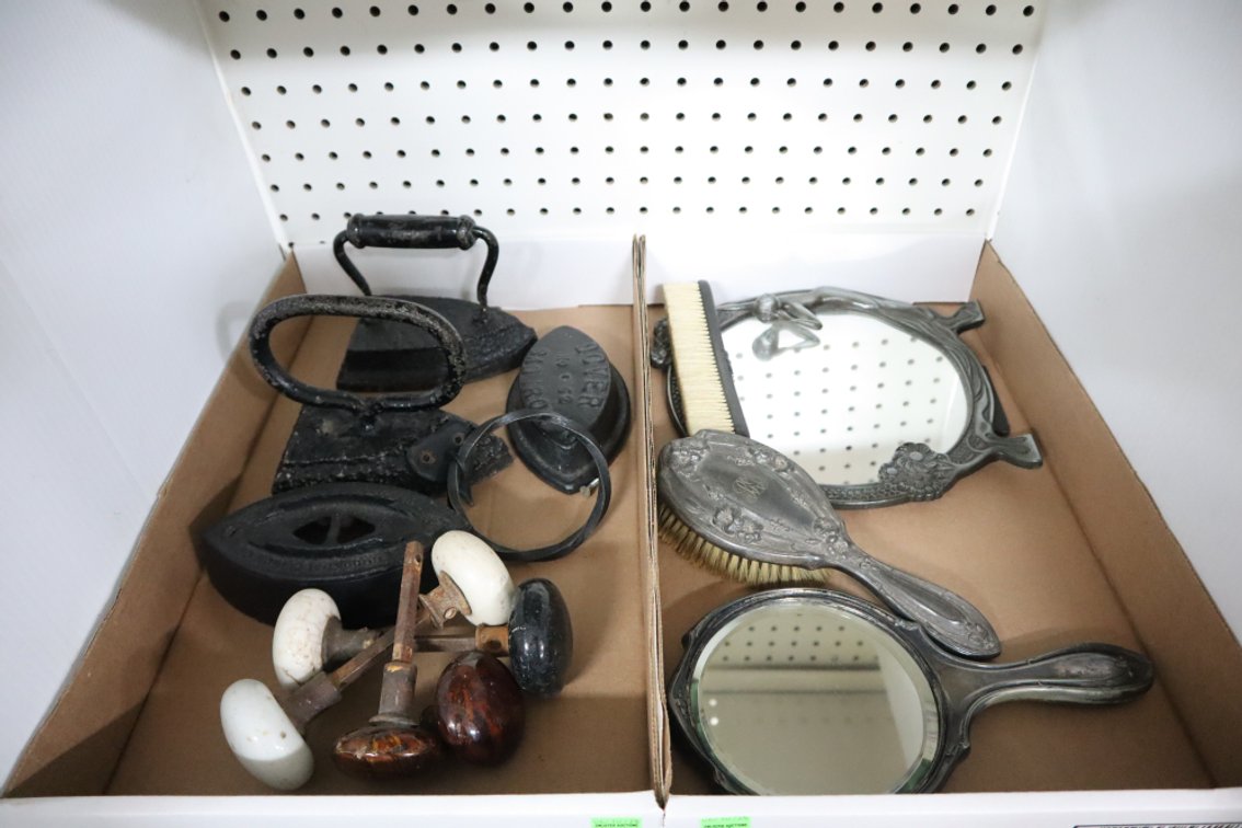 Antique Irons, Hair Brush Mirror Set, Porcelain Door Knobs