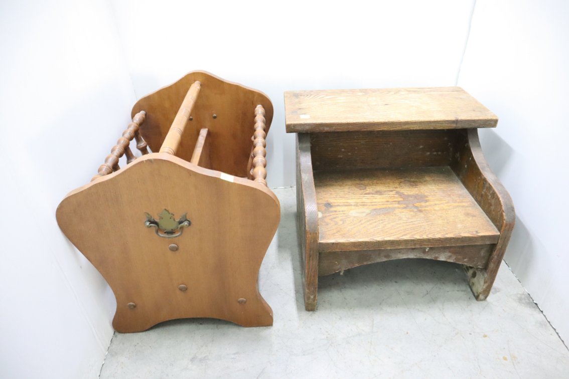 Magazine Rack and Antique Step Stool