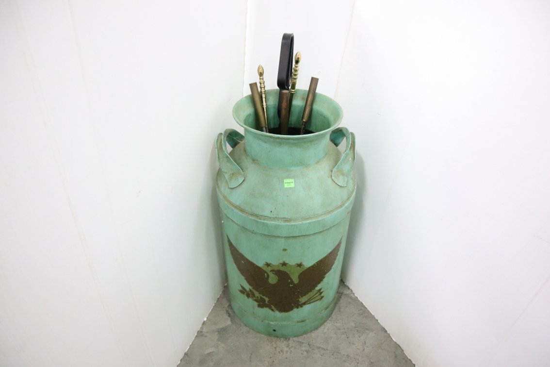 Antique Milk Can With Fireplace Tools