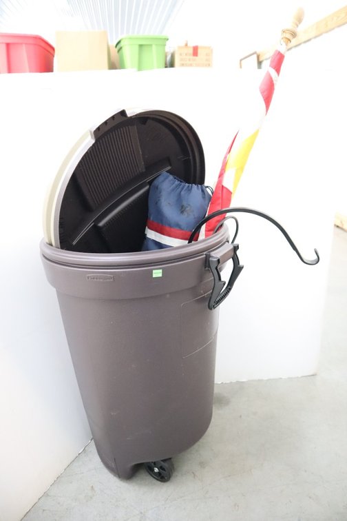 Trash Can Folding Chair, Flag, Plant Hangers