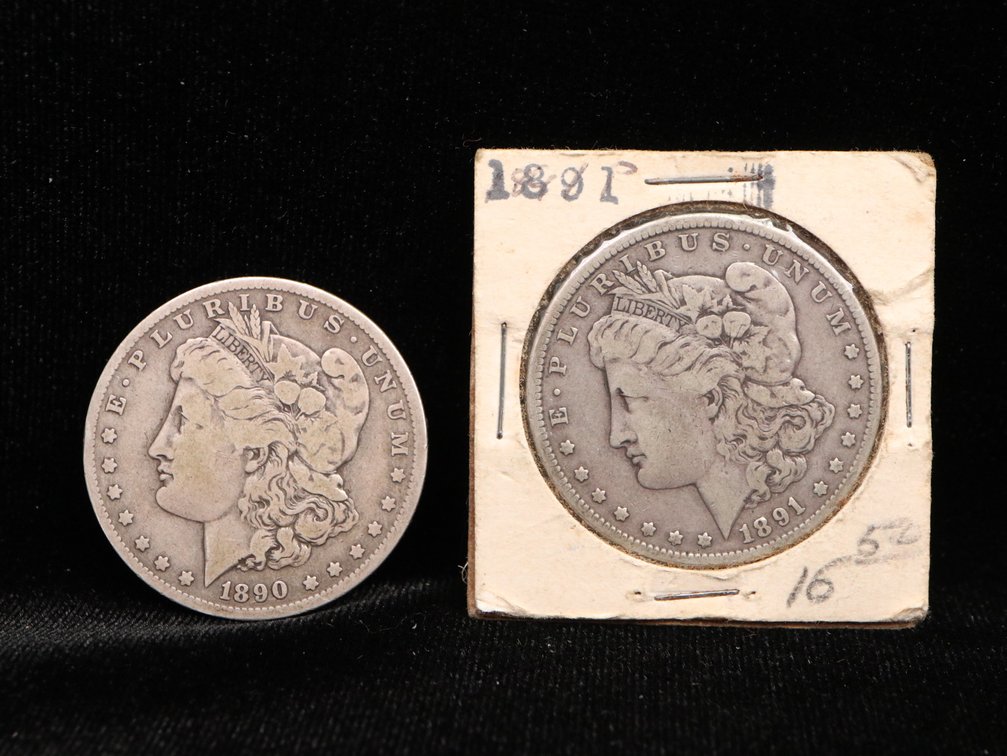 (2) Morgan Silver Dollars 1891, 1890-O