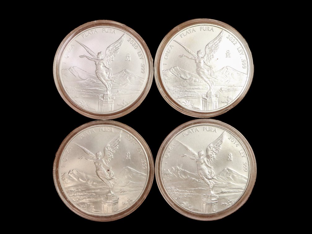 (4) Mexico Silver Libertad 1 Ounce .999 Fine Silver Coins 2014, 2022, 2020