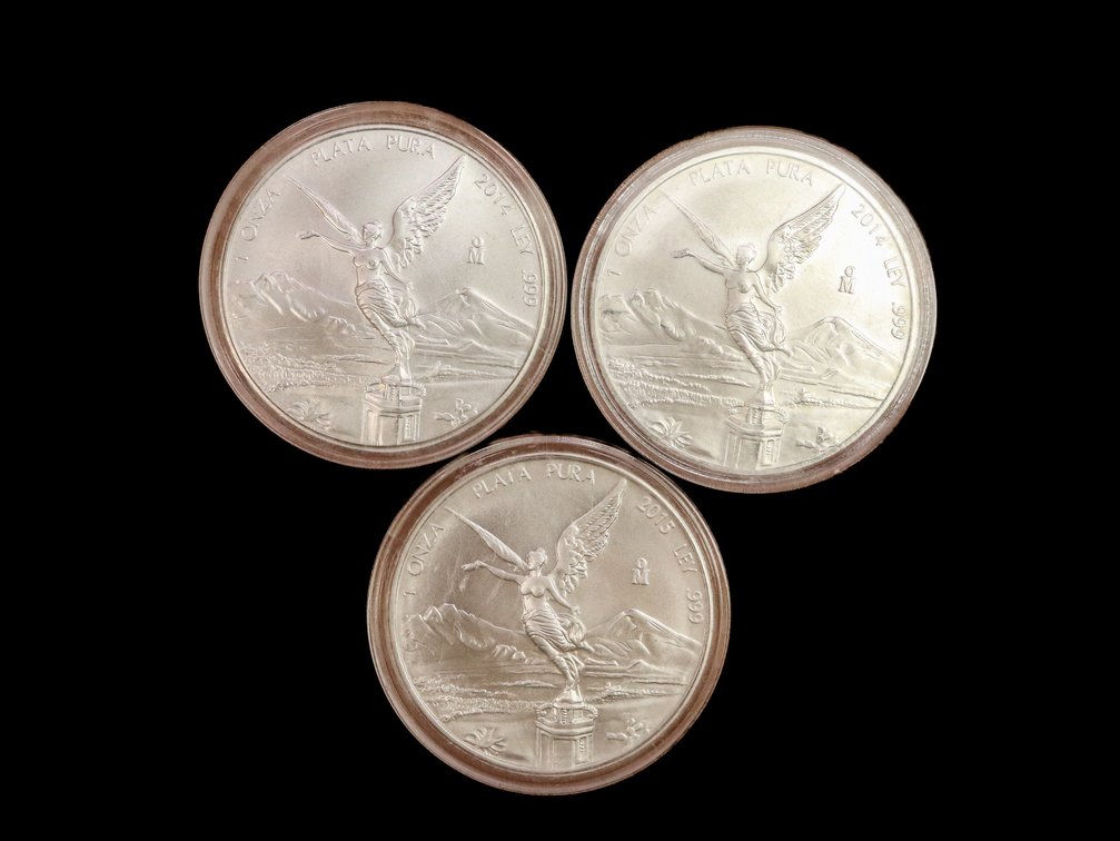 (3) Mexico Silver Libertad 1 Ounce .999 Fine Silver Coins 2014, 2015