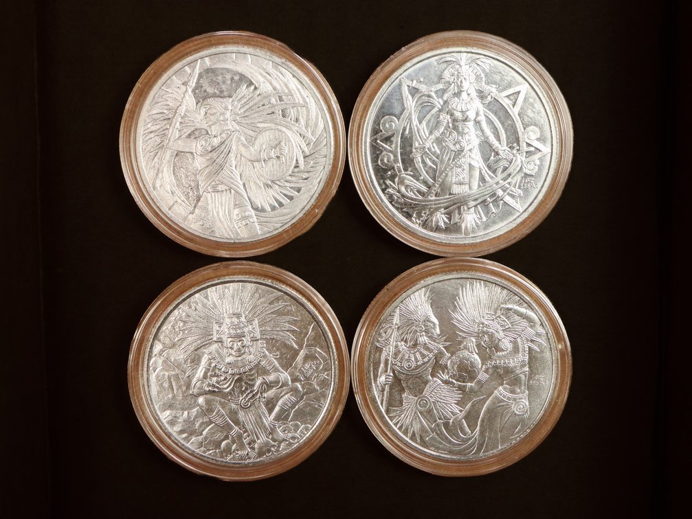 (4) Aztec 1 Troy Ounce .999 Fine Silver Rounds