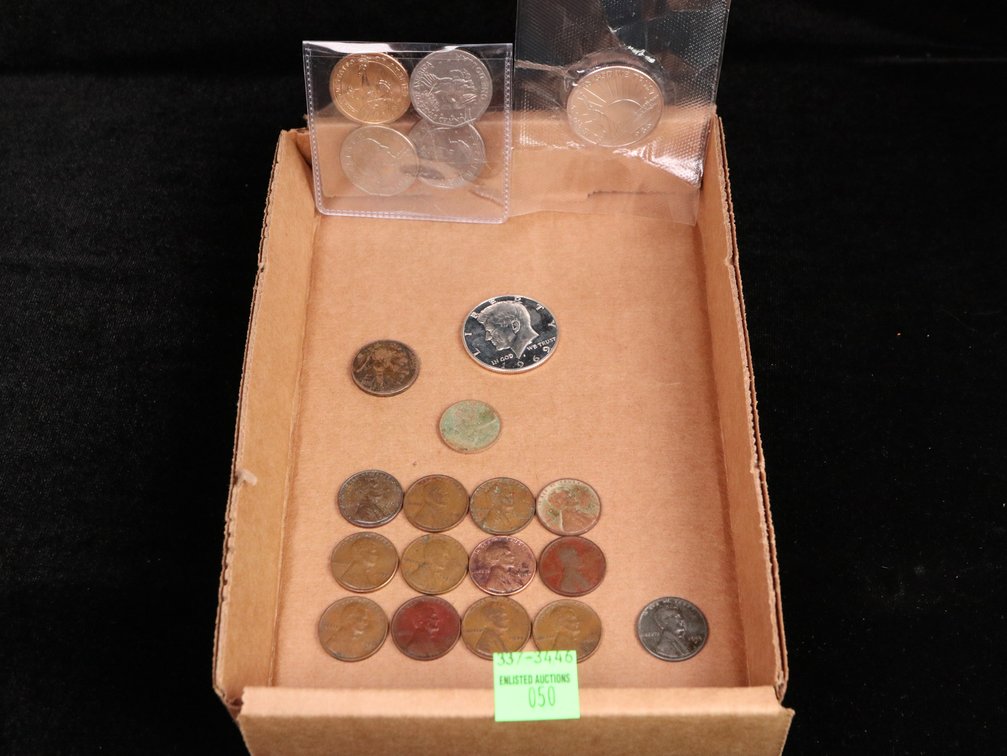 Wheat Pennies, (1) Kennedy Half Dollar, Susan B Anthony Dollars, Ellis Island Commemorative Half Dollar