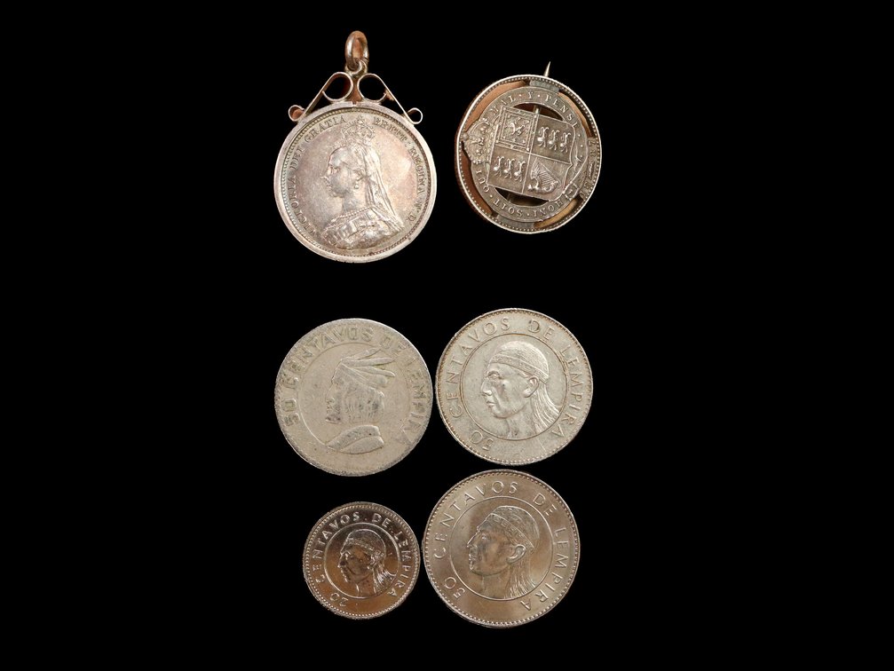 1887 Queen Victoria British Silver Shilling  Shield Reverse  Cut-Out Brooch, Vintage Pendant 1887 Queen Victoria Silver Crown Jubilee Head, Honduran coins 20, and 50 Centavos de Lempira featuring national hero Lempira.