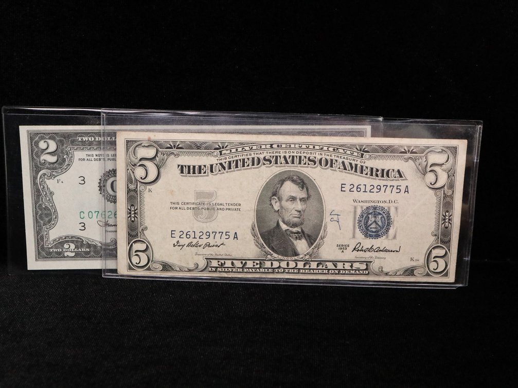 1953-A Blue Seal $5 Bill, 1976 $2 Bill and Stamp