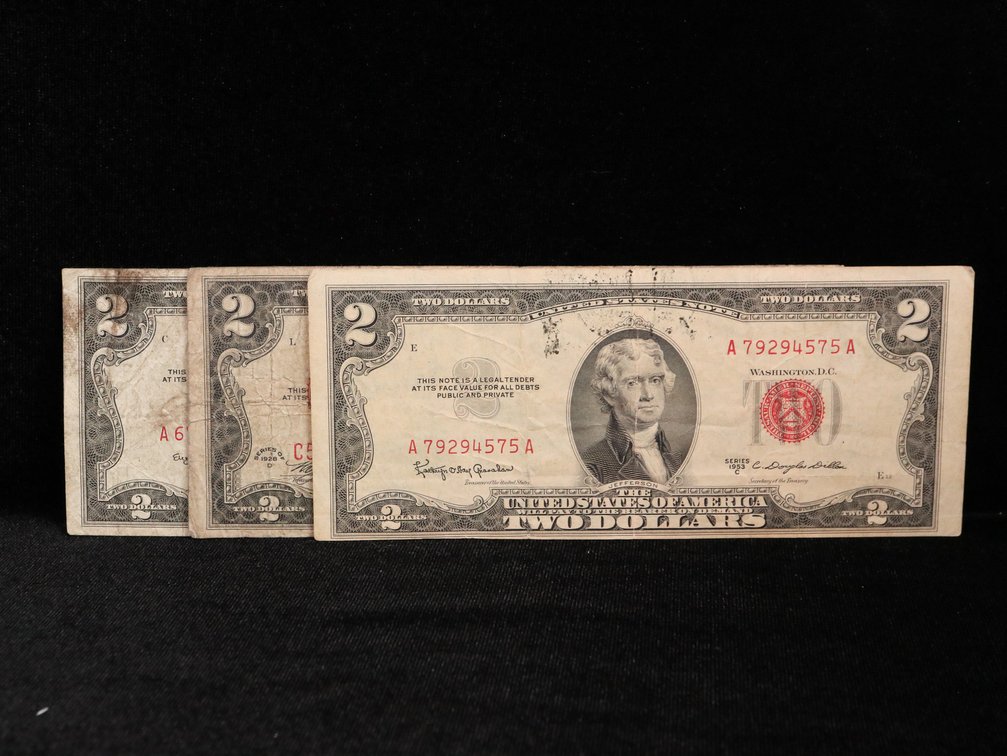 (3) $2 Bills Red Seal 1953-C, 1928-D, 1953-B 