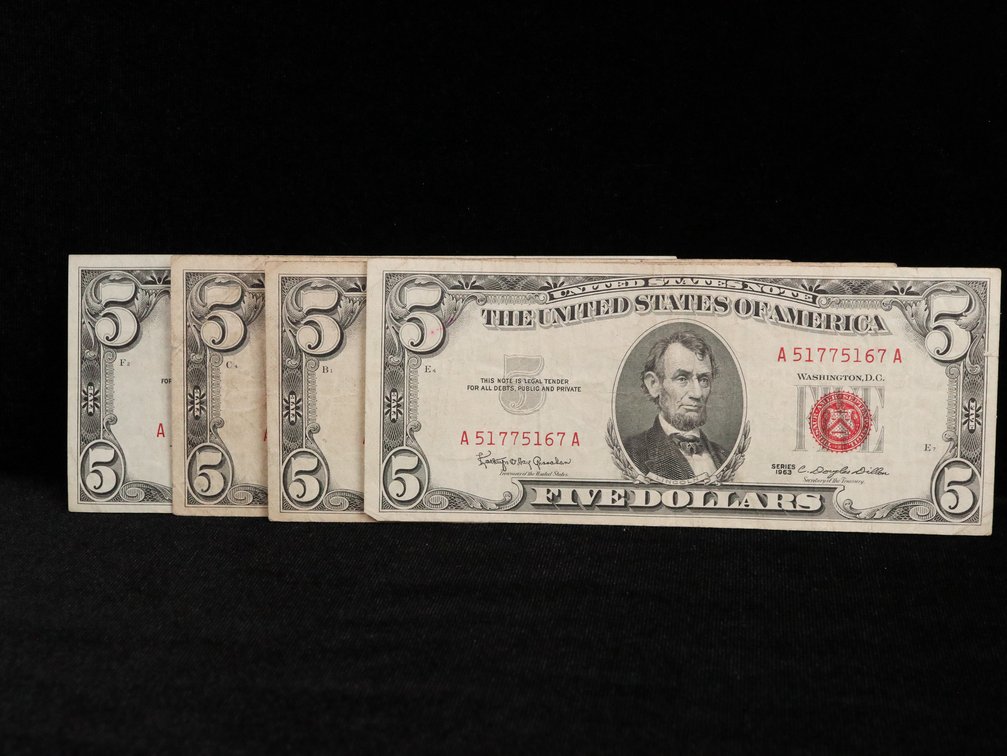 (4) $5 Bills Red Seal, 1963