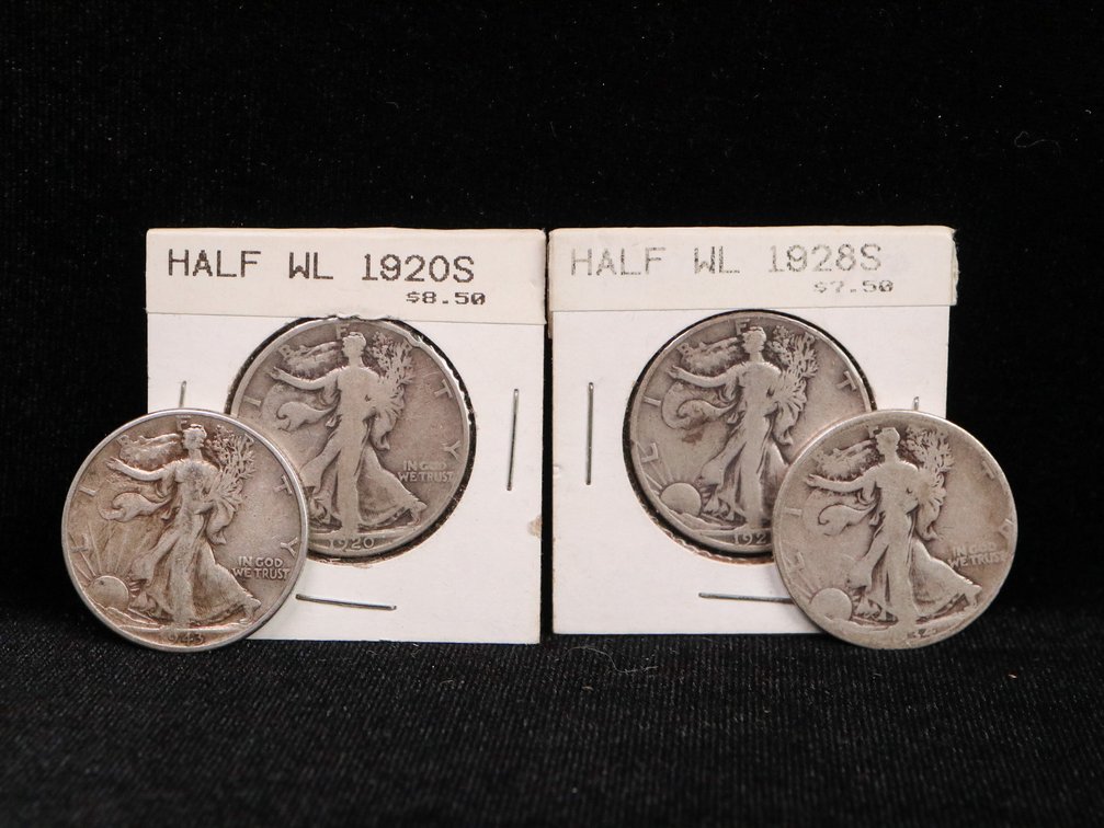 (4) Walking Liberty Half Dollars 1943, 1920-S, 1934, 1928-S, 