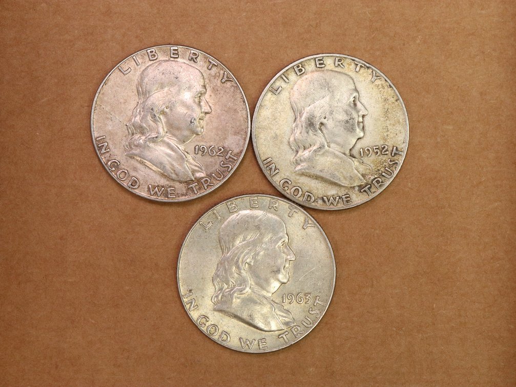 (3) Franklin Half Dollars 1962, 1952-D, 1963-D