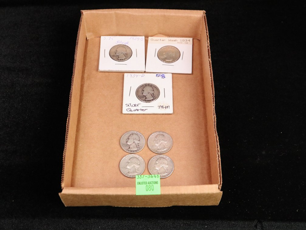 (7) Silver Washington Quarters 1950 1953, 1964 – D, 1962, 1934D, 1939D, 1934