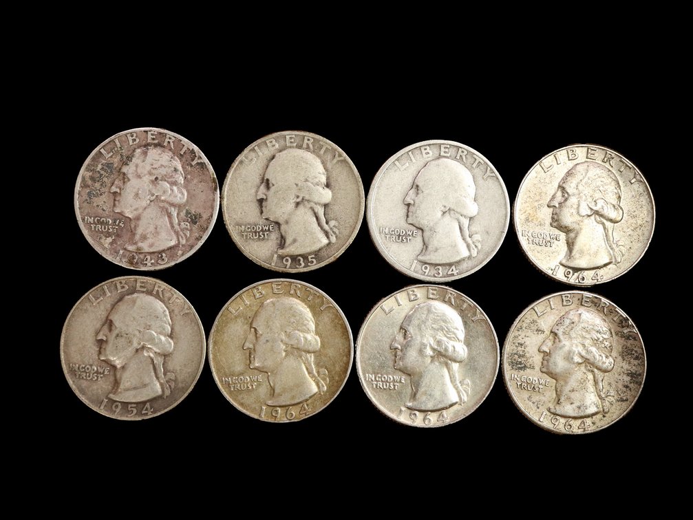 (8) Silver Washington Quarters 1943D, 1935, 1954, 1964