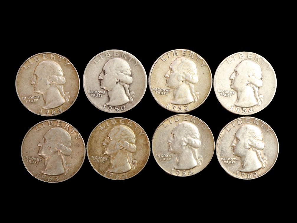 (8) Silver Washington Quarters 1964D, 1950 S, 1963D, 1964, 1963, 1954, 1964D, 1964