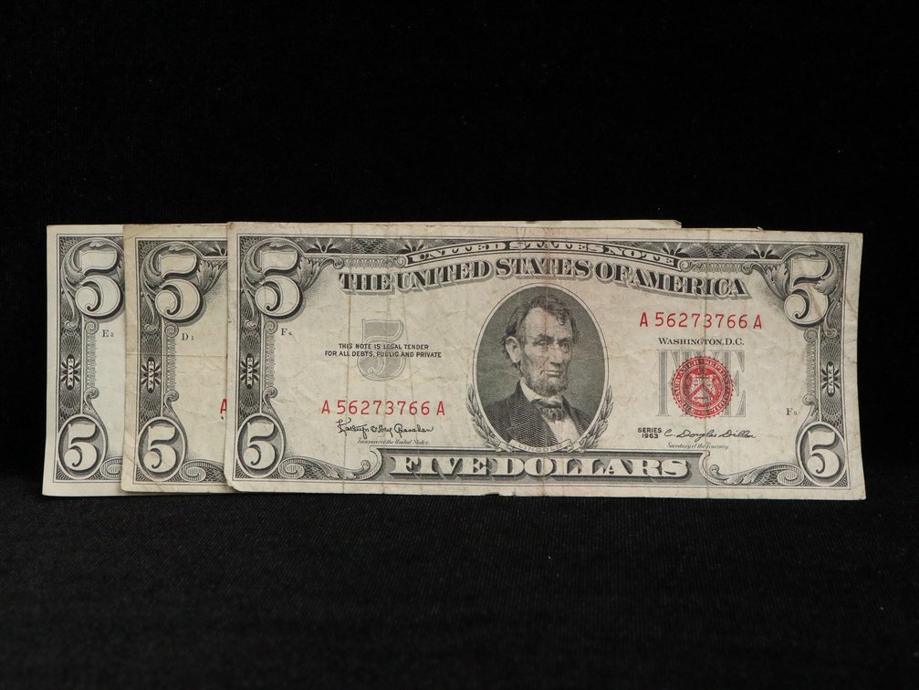 (3) $5 Five Dollar Bills Red Seal 1963