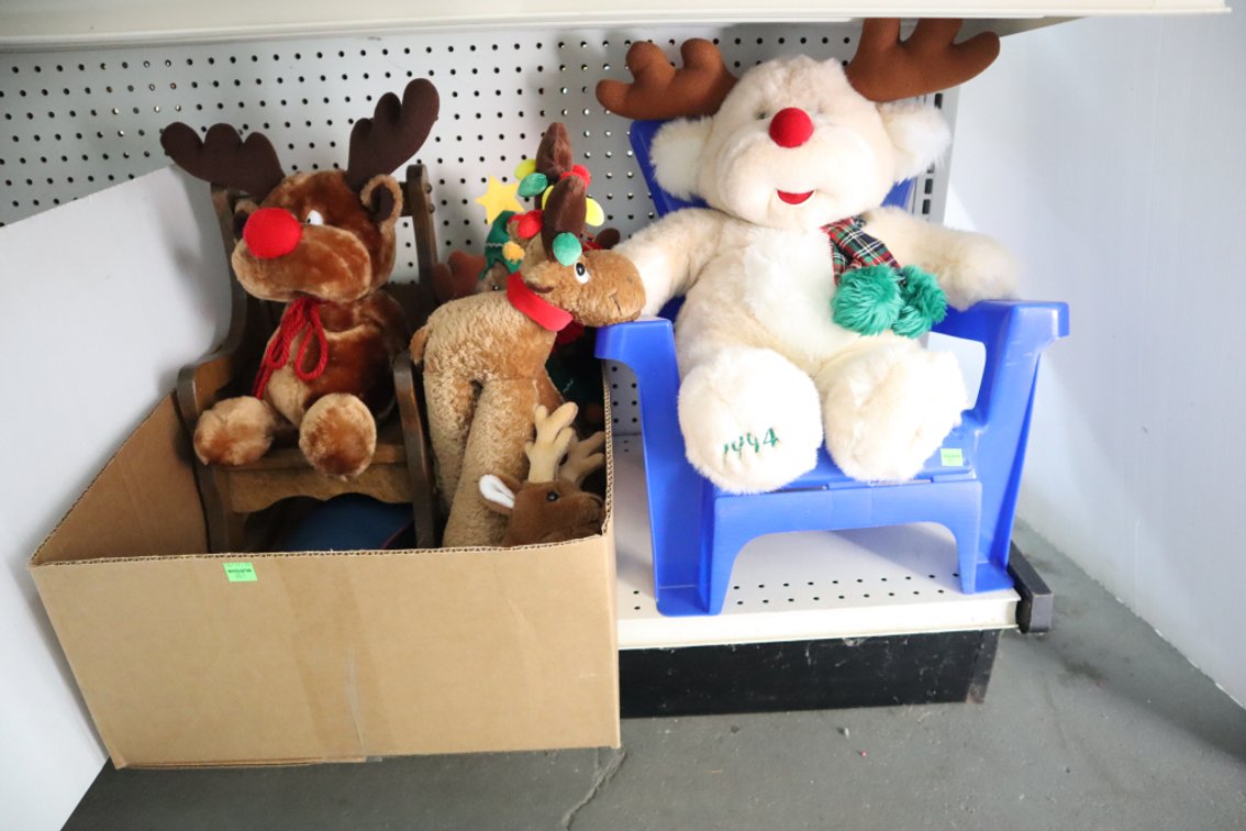 Stuffed Reindeer, Plastic Chair, Wooden Doll Chair