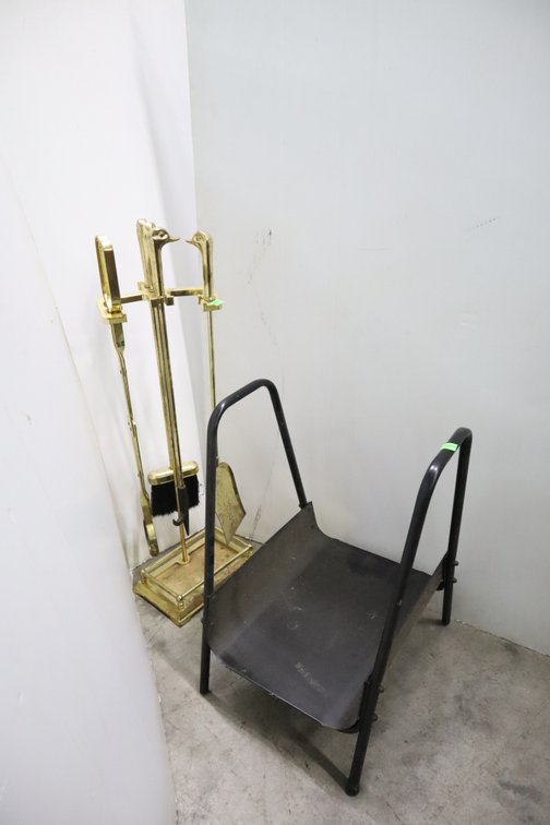 Brass Fireplace Tool Set and A Log Holder