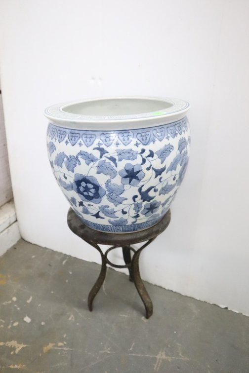 Porcelain Planter and Antique Metal Stand