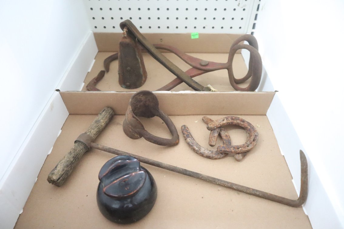 Antique Ice Tongs, Cowbell, Small Horseshoes