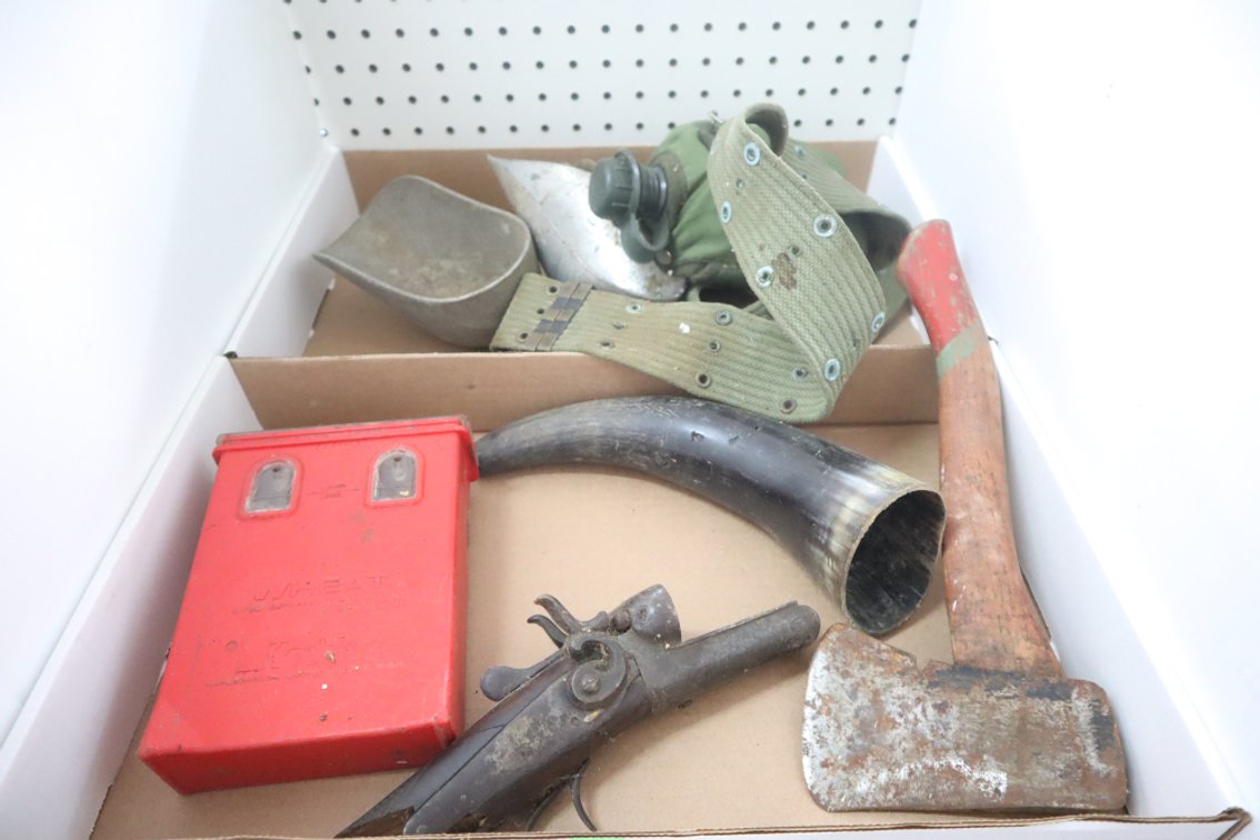 Collectibles, Antique Gun Part, Powderhorn, Battery, Hatchet