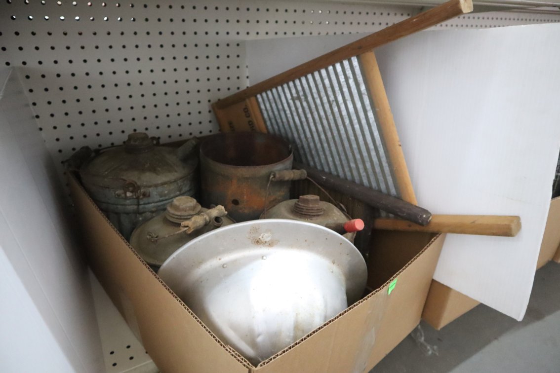 Antique Washboards, Gas Cans, Hard Hat