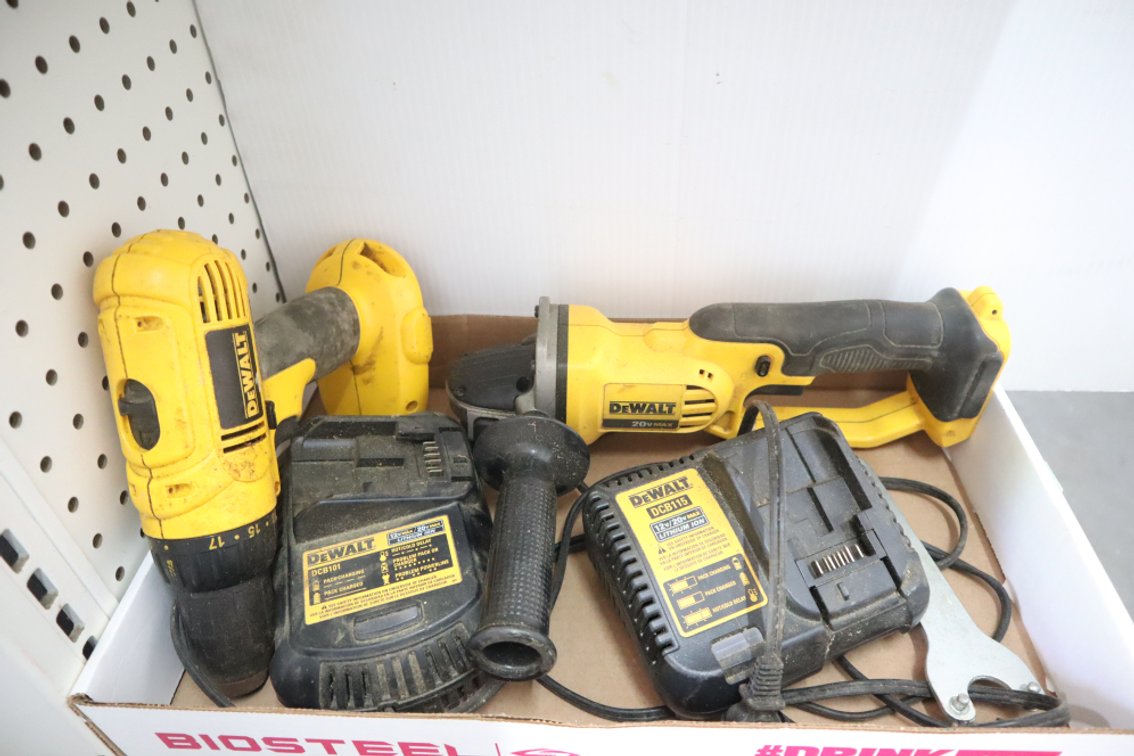 Dewalt Cordless Angle Grinder and 18 Volt Drill, Battery Chargers, No Batteries