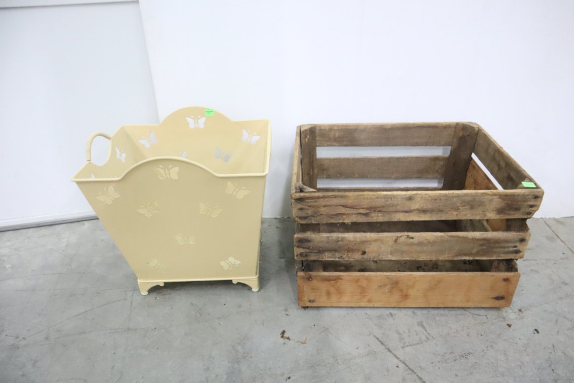 Wooden Crate and Metal Basket