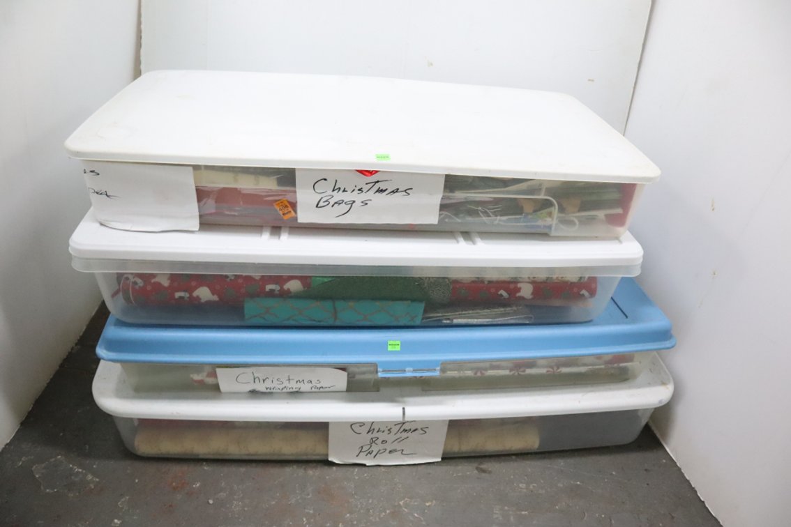 4 Storage Totes With Wrapping Paper and Gift Bags