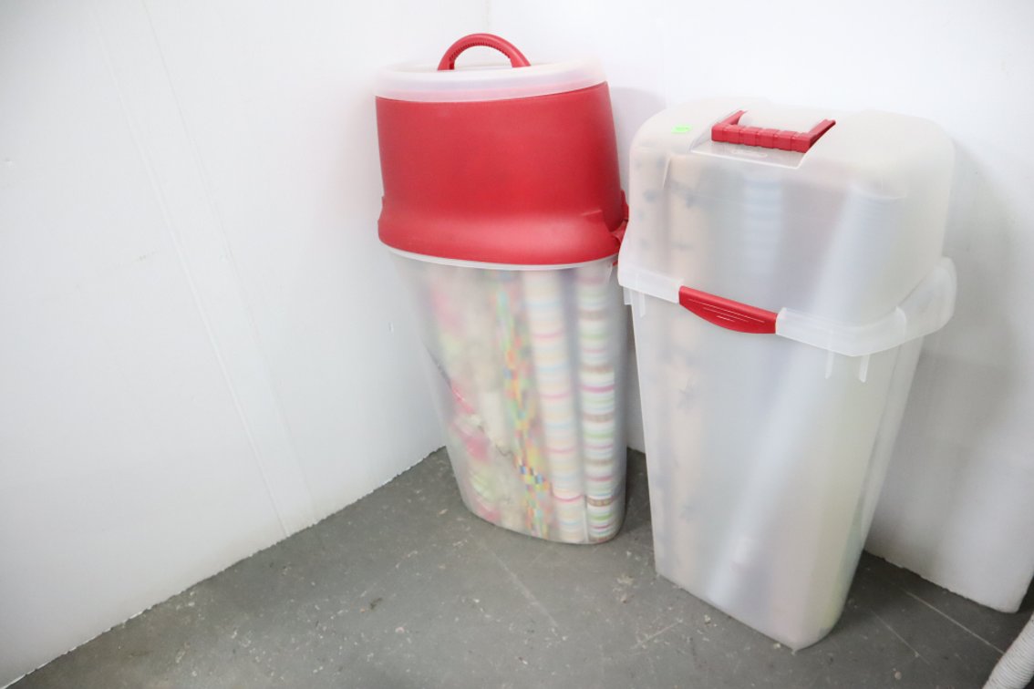 Pair of Wrapping Paper Storage Cans With Wrapping Paper
