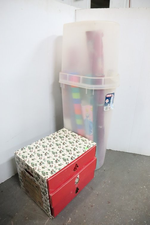 Wrapping Paper Storage Can With Wrapping Paper and Christmas Ornament Box
