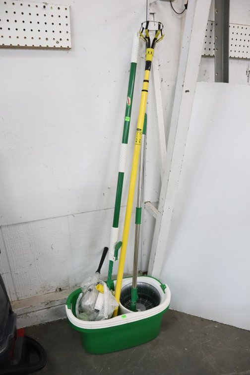 Mop Bucket With Mops and A Light Bulb Changer