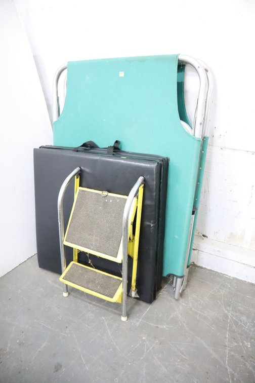 Folding Cot and Pad, Vintage Step Stool
