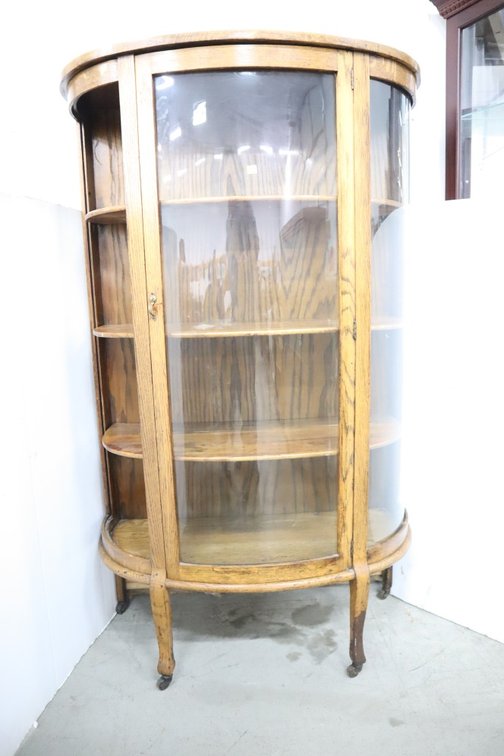 Antique Oak China Cabinet, Missing 1 Rounded Side Glass