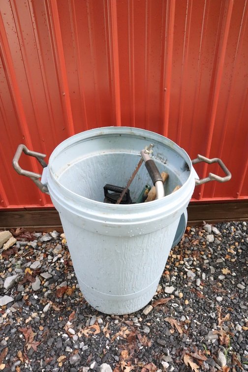 Plastic Trash Can With Pruners, Hand Sprayer, Bow Saw
