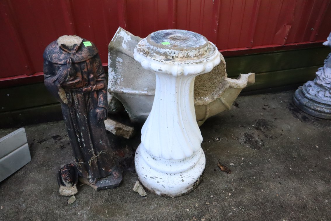 Cement Bird Bath Base With Broken Bird Bath and Broken Statue