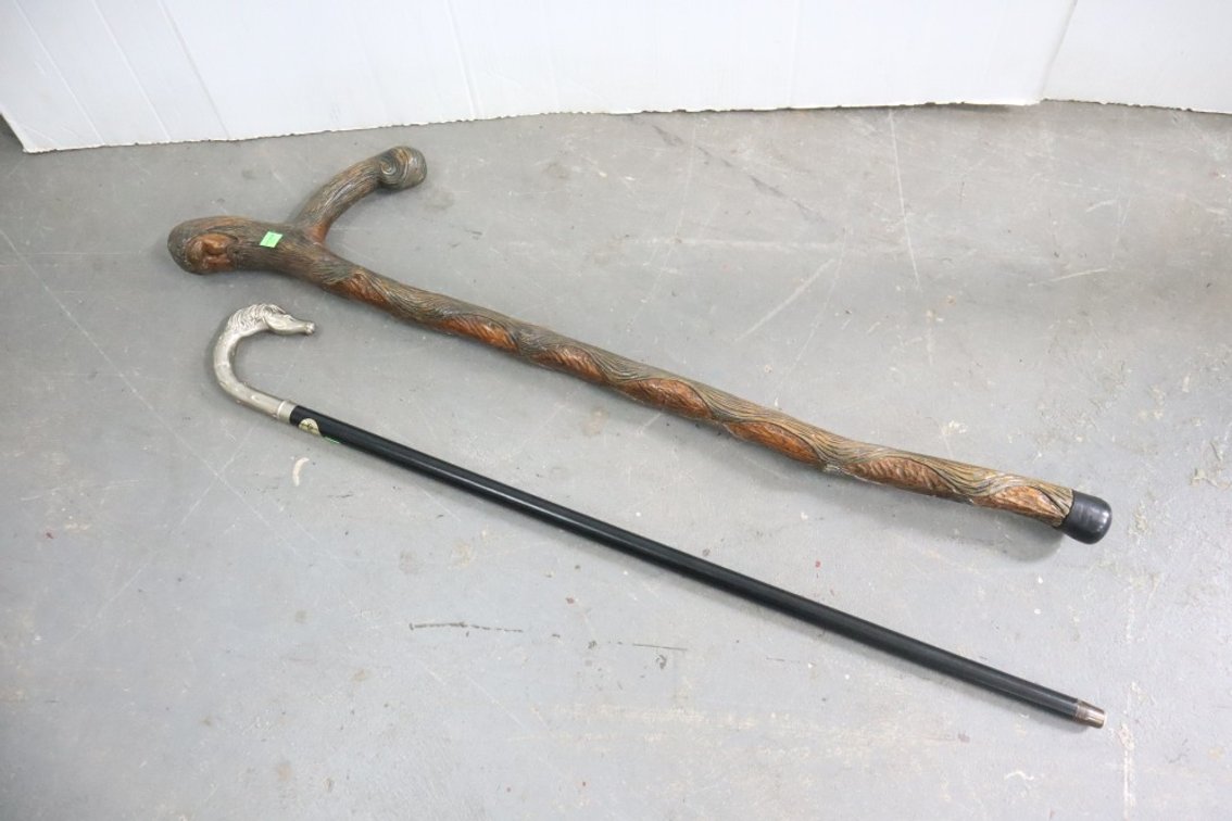 Carved Wooden Cane and Horse Handle Cane