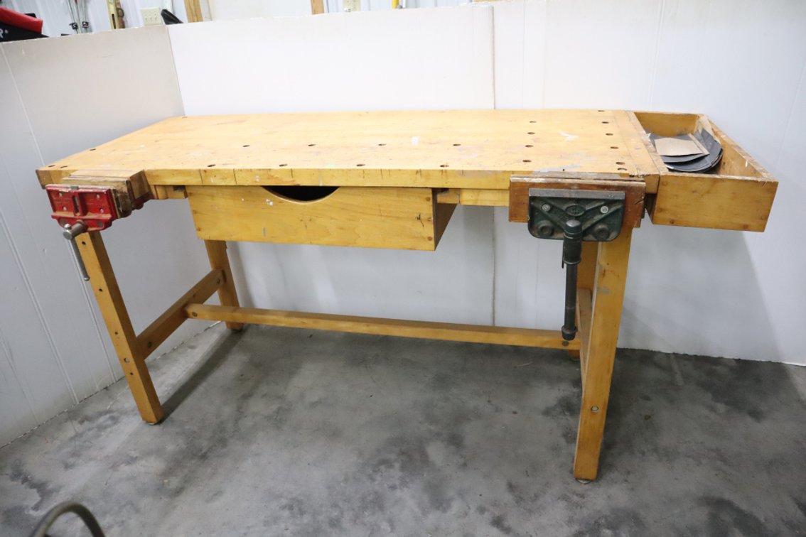 Wooden Workbench With Drawer and Vise Clamps
