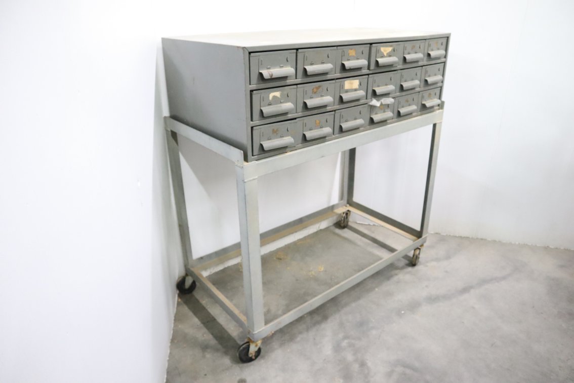 18 Drawer Metal Bolt Cabinet With Contents On Rolling Stand