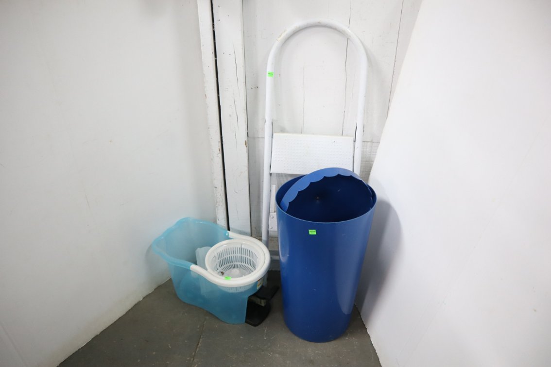 Metal Trash Can, Folding Step Stool, Mop Bucket