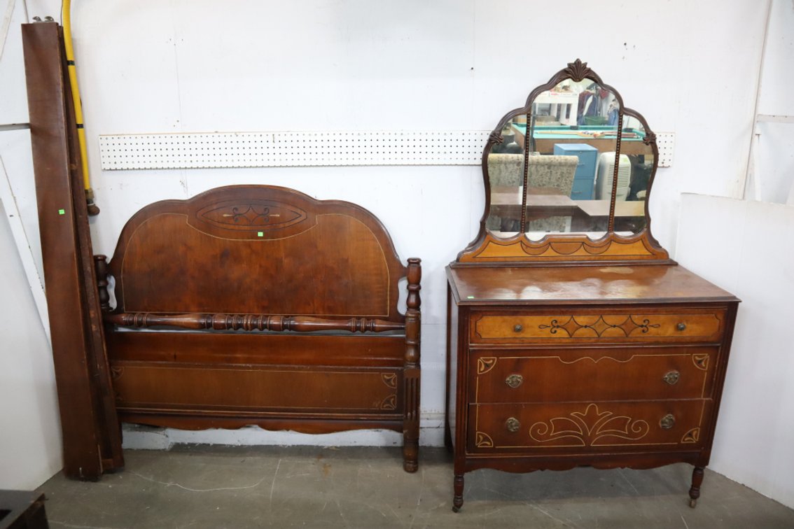 Antique Full Size Bed Frame and Mirrored Dresser