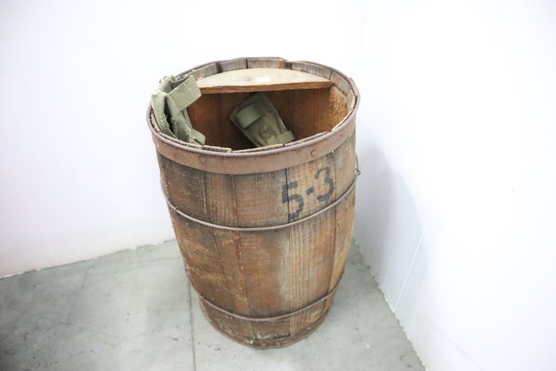 Antique Nail Keg With Military Maddox Heads and Mess Kit Dishes