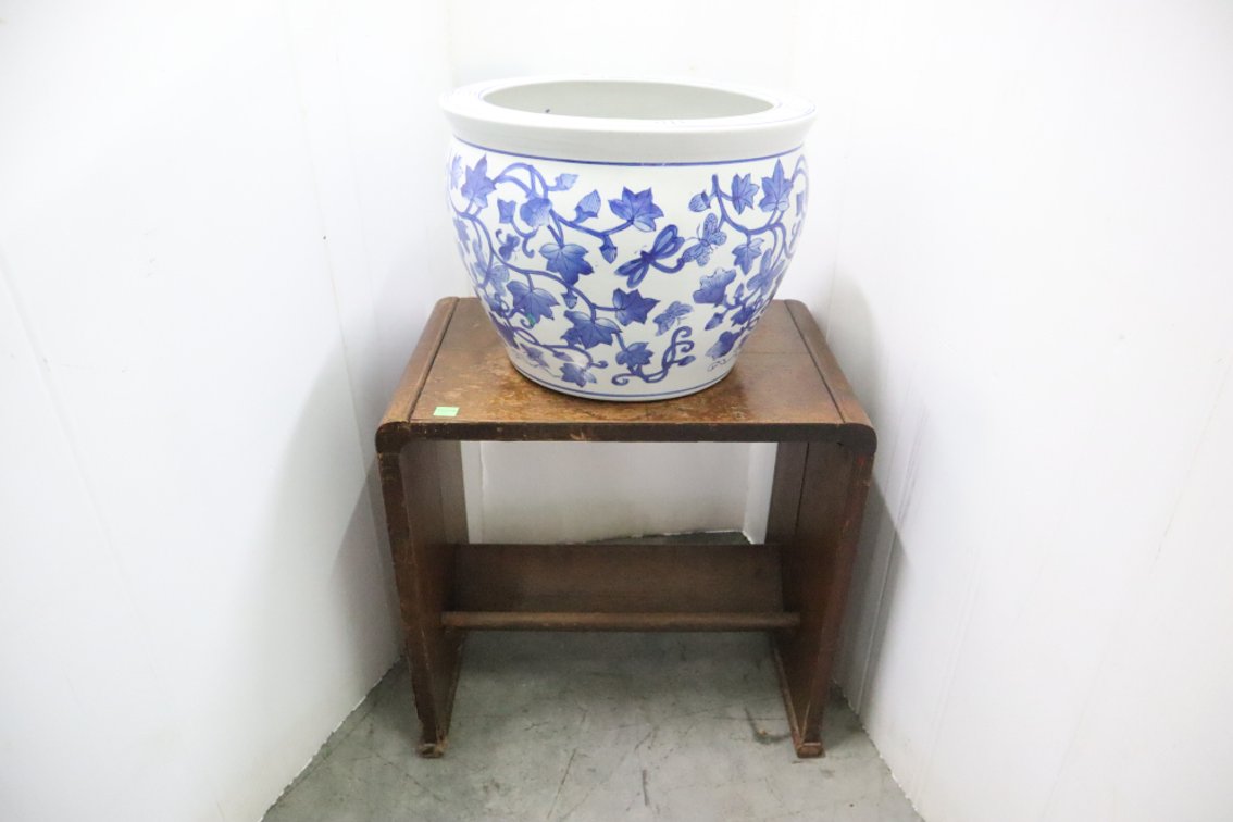 Porcelain Asian Planter and Wooden Stand