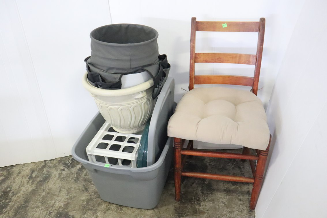 Splint Bottom Chair, Tote, Planters, and Bucket