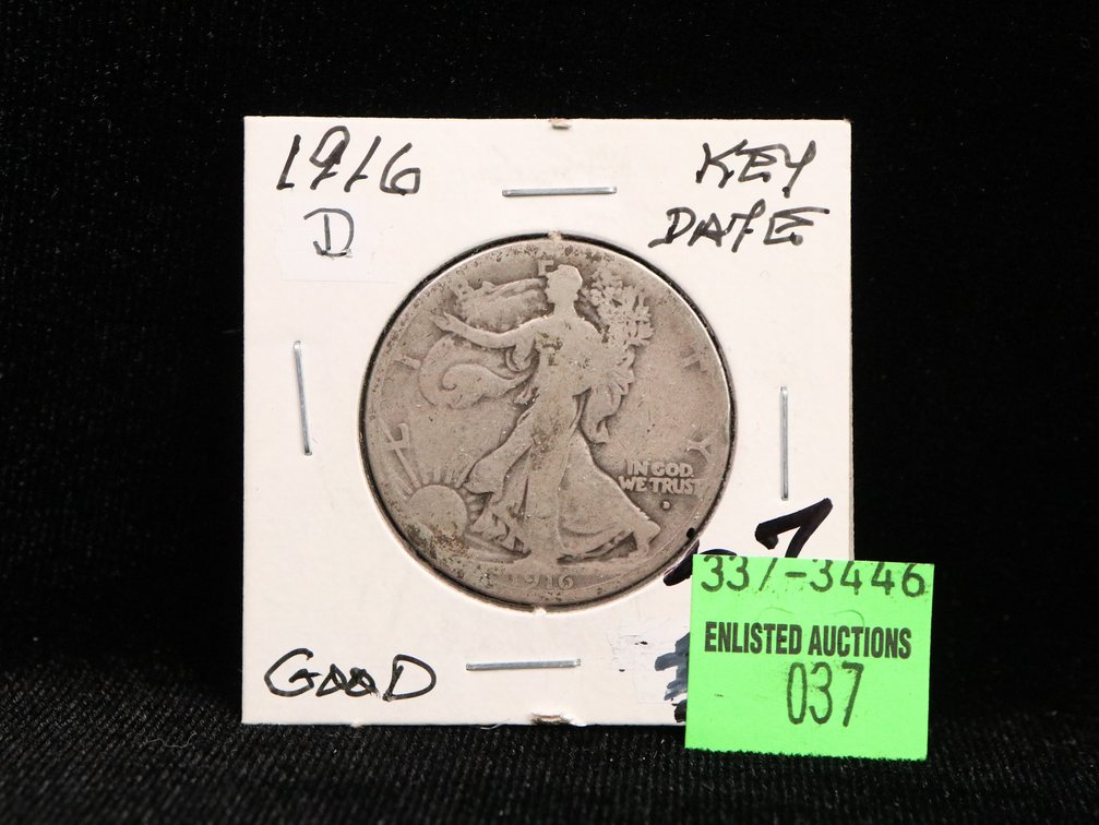 1916 D Walking Liberty Half Dollar. Good. Key Date