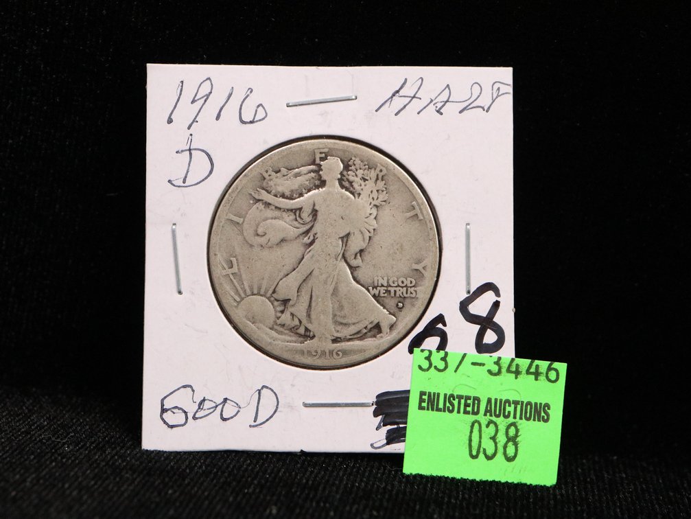1916 D Walking Liberty Half Dollar. Good. Key Date