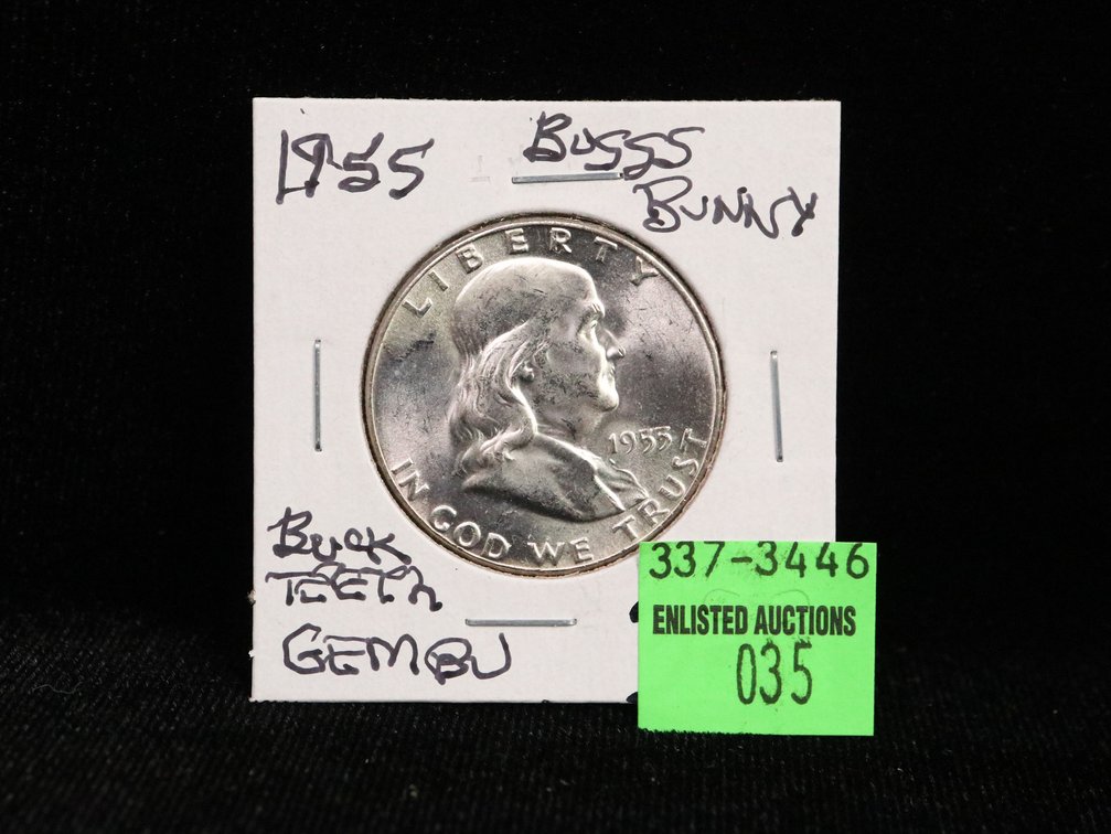 1955 Franklin Half Dollar, Buggs Bunny Buck Teeth. BU
